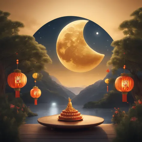 Mid-Autumn Festival, A round moon, the night, （Moon cake）, teas, the fruits, edgBunny, Change rushes to the moon, symmetry, high detail, Romanticism, sparkle, god rays, ray tracing, UHD, retina, masterpiece, ccurate, super detail, high details, high qualit...