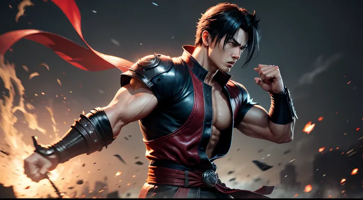 Jin Kazama + ready to fight, mortal kombat screen, hyper realistic