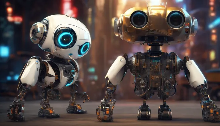 wide vision, ultra realista, altamente detalhado, pintura digital, arte conceitual, suave, foco nítido, tiro grande angular , Wall-E , babysitter, cute , with a cute baby , There is a cute robot standing in the future city play with a cute baby, which is a...