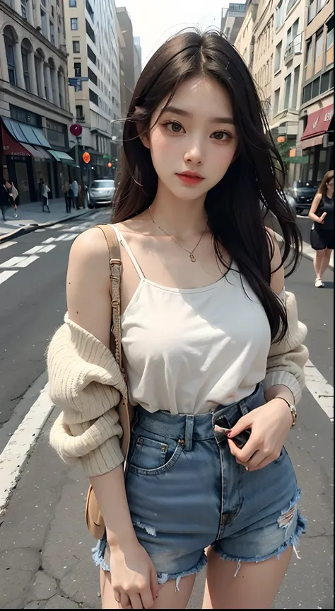 Beautiful woman, fiddling with cell phone in the middle of the street, short clothes