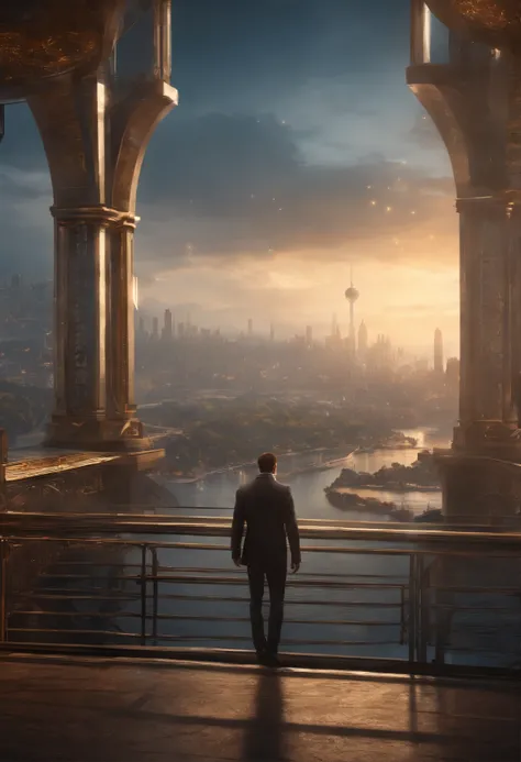 (8k unit wallpaper CG extremely detailed, masterpiece, best quality, ultra-detailed), (((solo)))), ((extremely wide shot:1.15)), a man on a bridge looking at a scifi city in the distance in the background, ((back view)), ((full body)), (high detail), (intr...