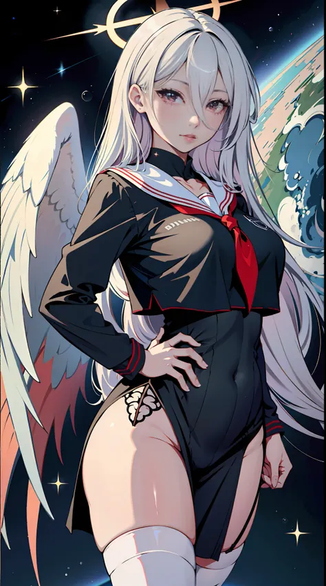 absurd res, high res, (masterpiece:1.4), ultra-detailed, 1girl, white hair, sailor dress, black dress, red eyes, hair between eyes, standing, stockings, space, wings, wide angle, POV, from above, hand on hip