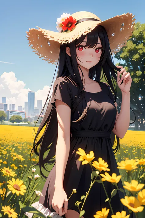 Teenage pretty Girl with Long Curly black Hair, red Eyes, Light Makeup – Wearing cute straw hat – Posing in a Sunny Flower Field – Soft Lens, Photorealistic Portrait Futuristic Female Android with Long black Hair and red Eyes – Wearing a lined black dress ...