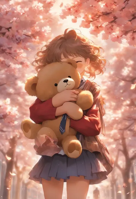 The most beautiful school, wearing highly detailed school uniform, crying uncontrollably, holding a stuffed teddy bear, cherry blossoms blowing in the wind, perfect masterpiece, high quality, high resolution