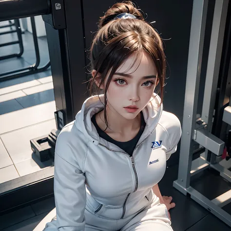 highly detailed CG，detail-rich，The ultra-realistice，Woman in white tracksuit，Bumpy figure，Fine fine skin，Work out in the gym，Sweat，