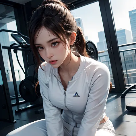 highly detailed CG，detail-rich，The ultra-realistice，Woman in white tracksuit，Bumpy figure，Fine fine skin，Work out in the gym，Sweat，