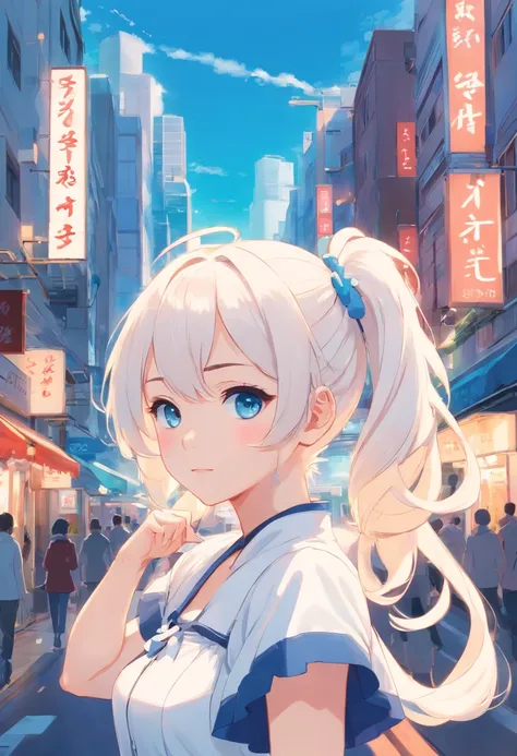 White color hair，Double ponytail curls，blue color eyes，White Lolita，Beth，A bustling city street