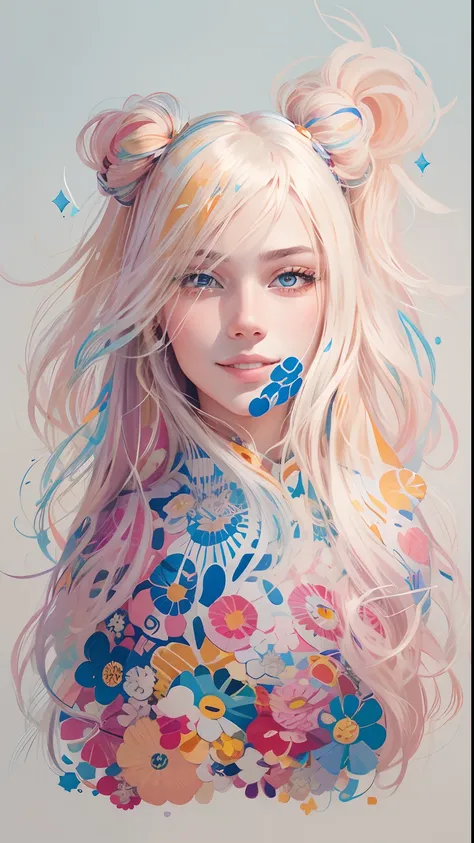 profile portrait of 21 years old Swedish blond with a cute smile and long sleek blond hair, in canvas print, collage-based, line work, fashion illustration, orange and amber pastel color palette, glitter, in the style of Takashi Murakami