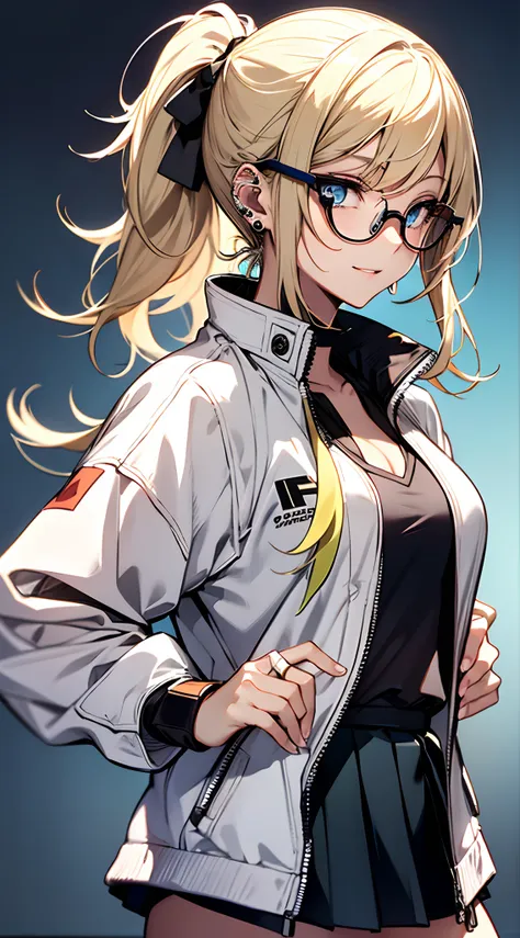 top-quality、Top image quality、​masterpiece、NSFW、girl with((18year old、White Tennis Wear:1.6、Mini Pleated Skirt、Bust 90、a blond、disheveled ponytail、Blue eyes、open chest wide、Happiness、Black wristband on wrist、Ear-piercing))、((Fashionable glasses))、A slender...