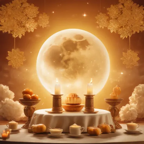 Mid-Autumn Festival, reunion, A round moon, the night, （Moon cake）, teas, the fruits, edgBunny, Change rushes to the moon, symmetry, high detail, Romanticism, sparkle, god rays, ray tracing, UHD, retina, masterpiece, ccurate, super detail, high details, hi...