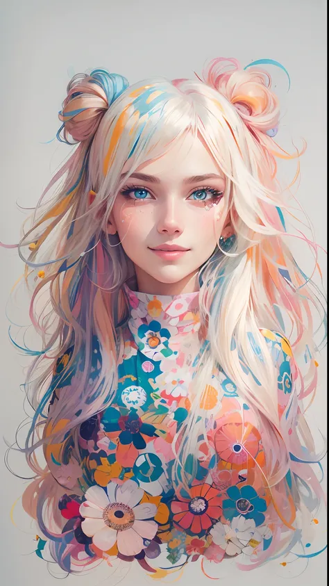 profile portrait of 21 years old Swedish blond with a cute smile and long sleek blond hair, in canvas print, collage-based, line work, fashion illustration, orange and amber pastel color palette, glitter, in the style of Takashi Murakami