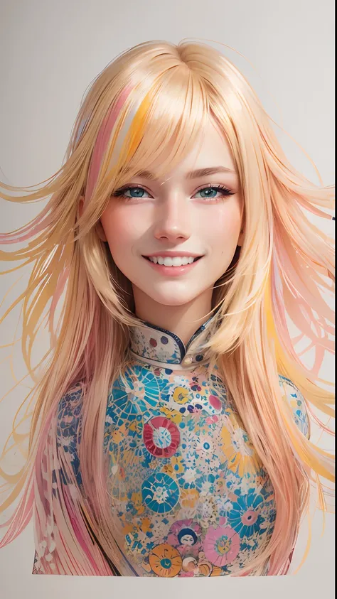 profile portrait of 21 years old Swedish blond with a cute smile and long sleek blond hair, in canvas print, collage-based, line work, fashion illustration, orange and amber pastel color palette, glitter, in the style of Takashi Murakami