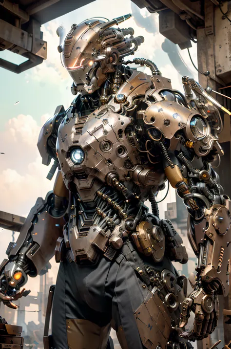 masterpiece, ironman wearing futuristic steampunk robotic suit, hyper realistic, hyper detailed mechanical, clean sharp image, 1...