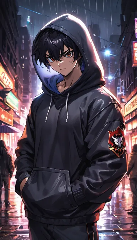 (Best quality,8K,High-res,Masterpiece:1.2)，24 years of age，Young men，with short black hair，Hooded sweatshirt，Night, Cityscape,On the streets soaked with rain at night, Photorealistic, Cinematic lighting