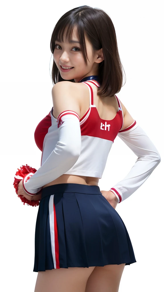 ((1girl, japanese, cheerleader, back view)), sexy buttocks, beautiful tits, (cheerleaders costume, cheerleaders pleated mini skirt), very cute face, very babyish face, detailed eyes, very cute smile, beautiful skin, dynamic pose, black short hair, shiny ha...