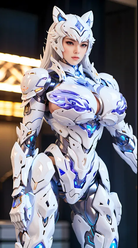 WHITE TIGER, HUGE BOOBS, CRYSTAL DRAGON HEAVY SUIT ARMOR, TRANSPARANT, THICK BODY, MUSCLE ABS.