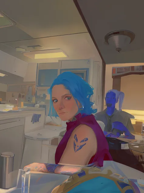 there is one evil witch woman sitting at a table in a kitchen, photo portrait, looking to the side off camera, blue hair, tatoos,taken in the early 2020s, glaring at the camera, by Pamela Ascherson, production still, looking away from viewer, 1 / 4 portrai...