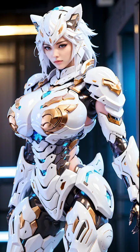 WHITE TIGER, HUGE BOOBS, CRYSTAL DRAGON HEAVY SUIT ARMOR, TRANSPARANT, THICK BODY, MUSCLE ABS.