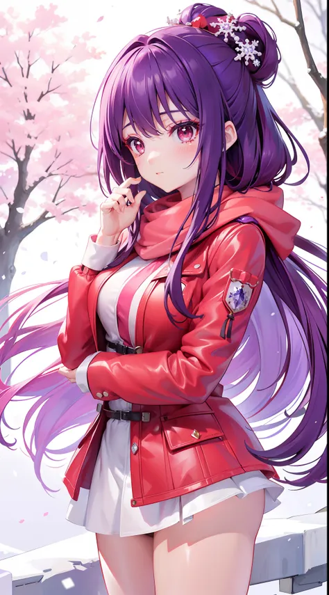 A peerless beauty，Beautiful facial features，putting makeup on，Blushlush，（Gorgeous Hair in Long Purple，Red eyes，Red down jacket，Purple scarf），high-heels，（Fuyuhime love song，plane trees，Snowflakes flying，White snow），Realiy，modern day，Portrait photo，Get close...