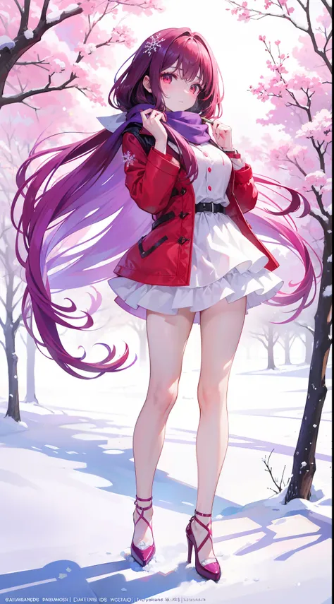 A peerless beauty，Beautiful facial features，putting makeup on，Blushlush，（Gorgeous Hair in Long Purple，Red eyes，Red down jacket，Purple scarf），high-heels，（Fuyuhime love song，plane trees，Snowflakes flying，White snow），Realiy，modern day，Portrait photo，Get close...