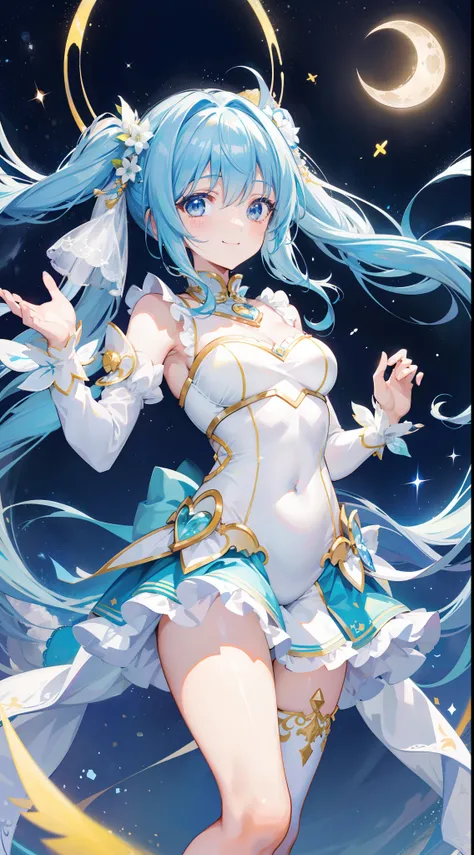 Super Idol　a beauty girl　A charming smile　sky blue hair　length hair　Twin-tailed　Bright yellow and white leotard outfit　Mystical　Fantasia　constellation　a moon　Crystal Brilliance　Aurora Borealis in the Night Sky