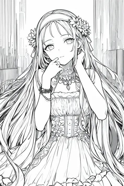 master_piece, best_quality, 1girl, solo, long_hair, looking_at_the_spectator, surprised_face, dress, jewelry, very_long_hair, headband, flower, bracelet, two_face_up, hand_on_face, headrest, hand_on_cheek, lineart, monochrome