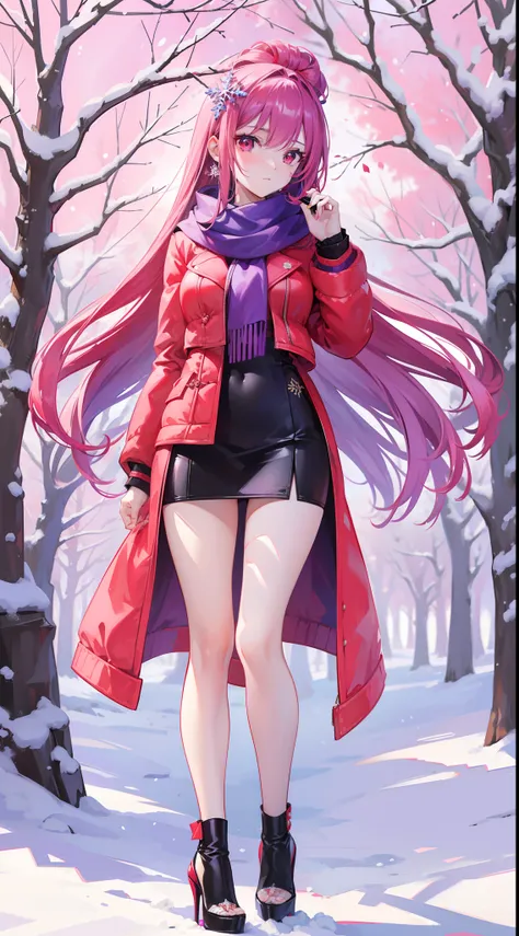 A peerless beauty，Beautiful facial features，putting makeup on，Blushlush，（Gorgeous Hair in Long Purple，Red eyes，Red down jacket，Purple scarf），high-heels，（Fuyuhime love song，plane trees，Snowflakes flying，White snow），Realiy，modern day，Portrait photo，Get close...