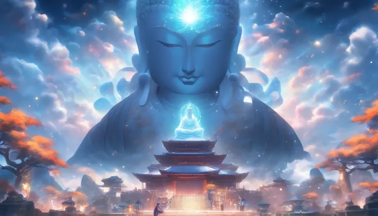 En style porcelaine，Au loin, A huge, a large Buddha statue stands in space，Regarder la Terre，Statue de Bouddha debout，with bright light，Effets de lueur，Pilgrims on the way，Hyperrealistic，Ultra-Photo-Realism，real photography，8k，high resolucion，High quality，...