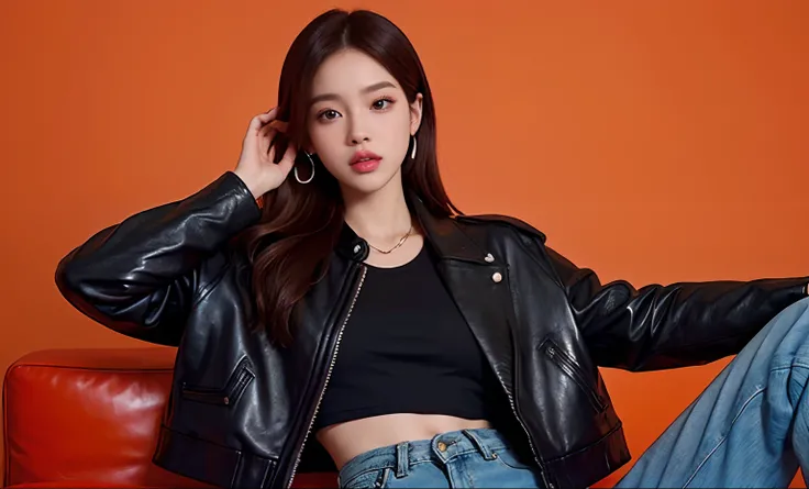 there is a woman in a leather jacket and jeans posing, portrait of jossi of blackpink, portrait jisoo blackpink, cindy avelino, promo art, jisoo from blackpink, jisoo of blackpink, official artwork, she wears leather jacket, album art, in front of an orang...