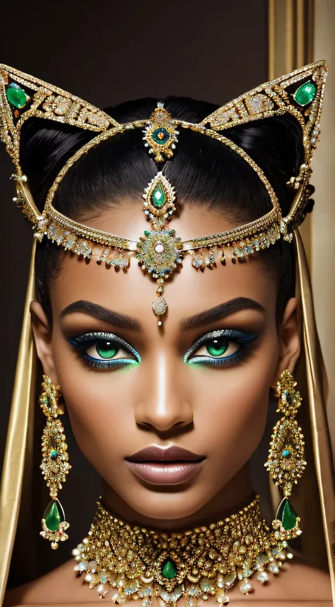 A breathtaking high-fashion symmetrical portrait of a strikingly unique model with deep emerald eyes, adorned with intricate golden facial jewelry and wearing an avant-garde gown made of shimmering pearlescent fabric. The ethereal lighting highlights the m...