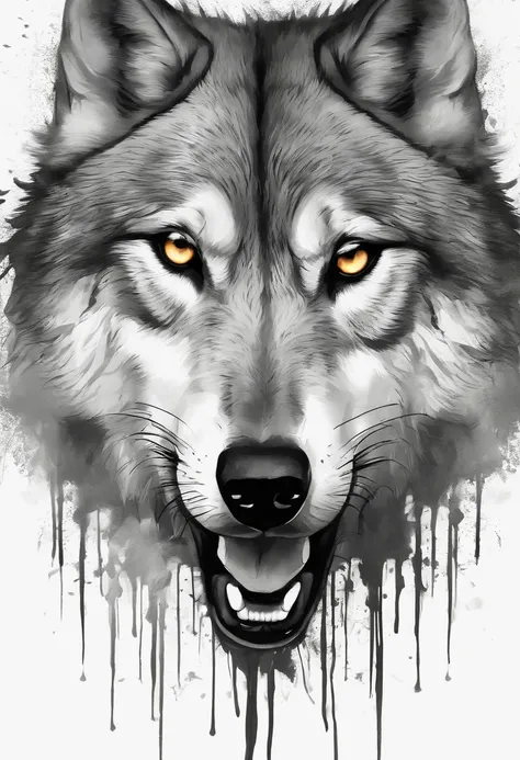 Black and gray realistic wolf tattoo art (((brue eyes))) With ink splatter sketch effect ,He opened his mouth and said,、Looks very fiercely angry