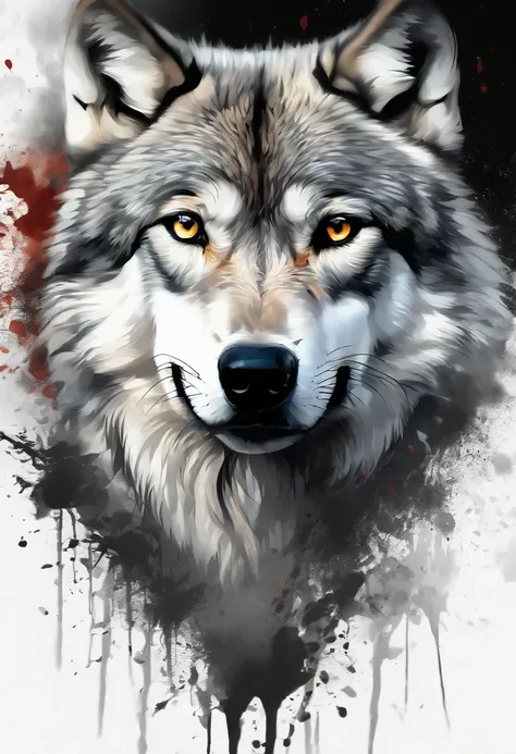 Black and gray realistic wolf tattoo art (((brue eyes))) With ink splatter sketch effect ,He opened his mouth and said,、Looks very fiercely angry