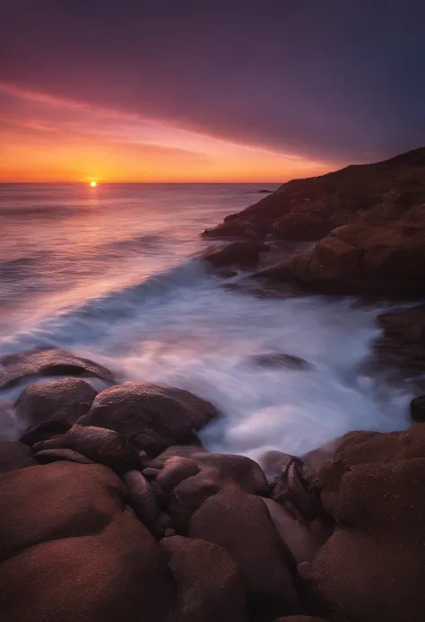 (Obra maestra, La mejor calidad:1.4), cinematiclight, De color, alto contraste, neon, Cielo, luz del sol, Espacio, Playa, ola, sin personas, Expansive landscape photography, (A view from below showing the sky above and the sea below uses a lot of purple an...