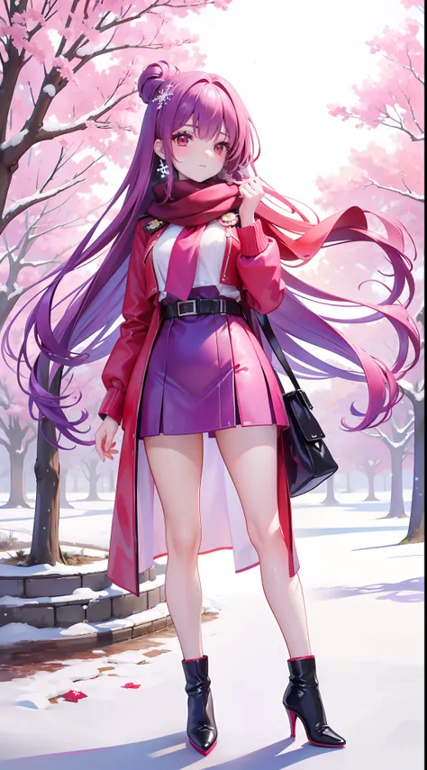 A peerless beauty，Beautiful facial features，putting makeup on，Blushlush，（Gorgeous Hair in Long Purple，Red eyes，Red down jacket，Purple scarf），high-heels，（Fuyuhime love song，plane trees，Snowflakes flying，White snow），Realiy，modern day，Portrait photo，Get close...