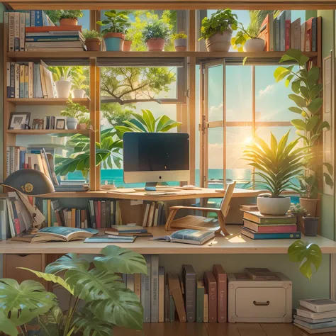 study room, bookshelves, Study desk, a plant,rays of sunshine, Sea view from the window. k hd, the detail, best qualityer.