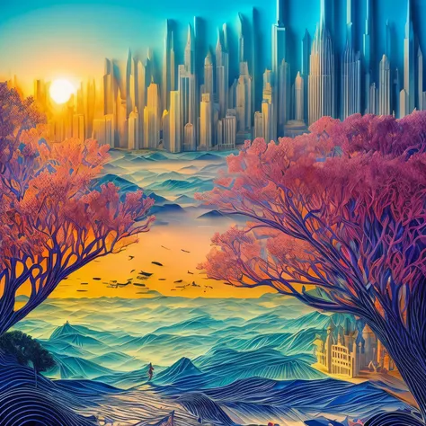 a colorful scenic (paper cut art: 1.5) of Manhattan skyline at dawn, a masterpiece award winning (paper cut art picture: 1.5), Manhattan skyline sky scrappers, Hudson river, at dawn, dynamic angle, soft lightning, dynamic angle, best details, best quality,...