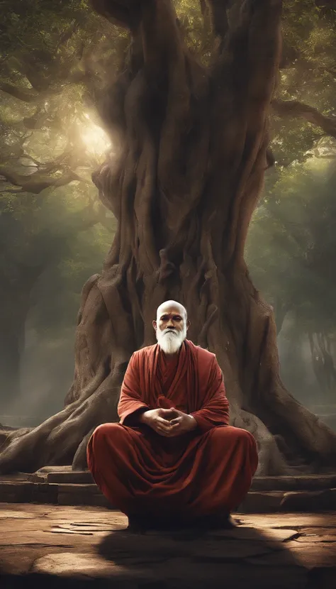 An old monk sits under banyan tree ，Extremely old monk，（Pray in a lotus pose），Buddhist monk meditation, (front  view)，front  angle，Big light，hinduism，Beautiful image，epic cinematic shot，Ultra photo realsisim，8K