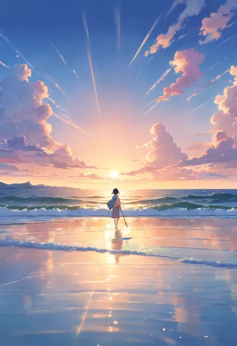 (best quality,4k,8k,highres,masterpiece:1.2),ultra-detailed,(realistic,photorealistic,photo-realistic:1.37),bright vivid colors,ocean,beach,sunrise,morning light,waves crashing,surfboard,seagulls,fresh breeze,silhouette of a lone figure,peaceful atmosphere...