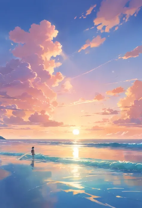 (best quality,4k,8k,highres,masterpiece:1.2),ultra-detailed,(realistic,photorealistic,photo-realistic:1.37),bright vivid colors,ocean,beach,sunrise,morning light,waves crashing,surfboard,seagulls,fresh breeze,silhouette of a lone figure,peaceful atmosphere...