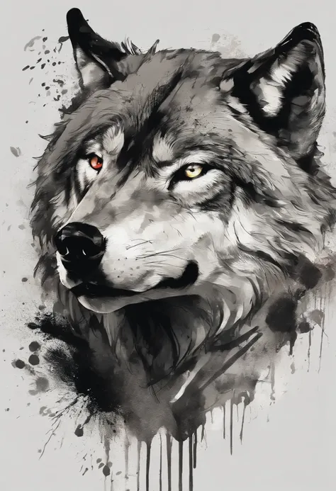 Black and gray realistic wolf tattoo art (((brue eyes))) With ink splatter sketch effect ,He opened his mouth and said,、Looks very fiercely angry