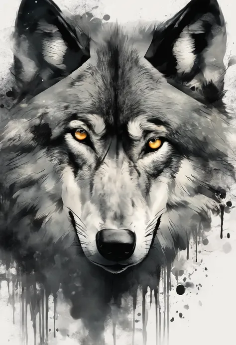 Black and gray realistic wolf tattoo art (((brue eyes))) With ink splatter sketch effect ,He opened his mouth and said,、Looks very fiercely angry