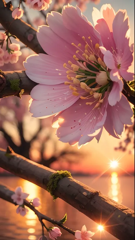 Creates a high-resolution image of a cherry blossom on a beautiful sunset afternoon, close up, ultra detailed, 8K, Sunshine Lights