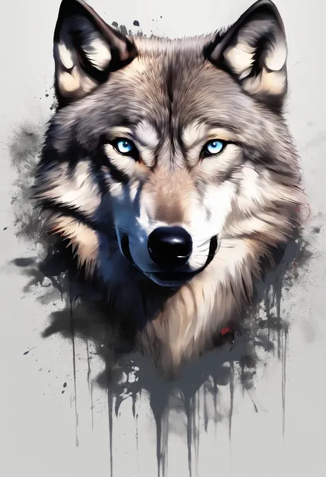 Black and gray realistic wolf tattoo art (((brue eyes))) With ink splatter sketch effect ,He opened his mouth and said,,、Looks very fiercely angry