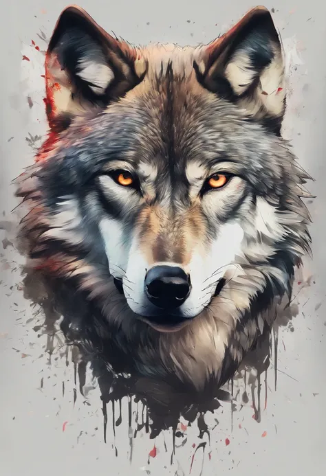 Black and gray realistic wolf tattoo art (((brue eyes))) With ink splatter sketch effect ,He opened his mouth and said,,、Looks very fiercely angry