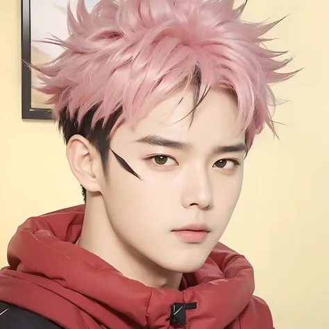 real life adaption of this character, Korean handsome face,realistic outfit,detailed eyes ,realistic spiky pink and black hair,realistic background,hyper realistic,realism,realistic light, realistic shadow,(photorealistic:1.2), looking to viewer