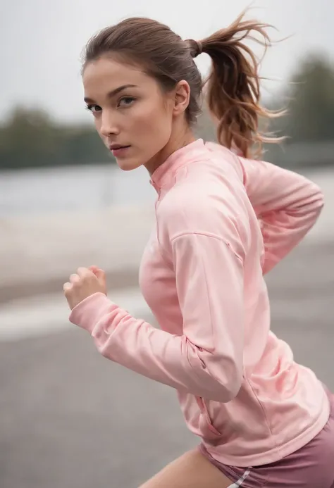 1 girl, solo, running, Gray Track Top, pink shorts, ponytail, athletic build, dynamic brushstrokes, fluid movement, capturing the essence of her athleticism and energy, using light colors and soft tones to create a dreamy and ethereal atmosphere, portrayin...