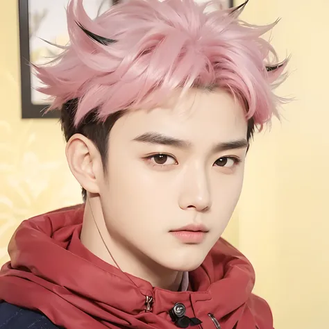 real life adaption of this character, Korean handsome face,realistic outfit,detailed eyes ,realistic spiky pink and black hair,realistic background,hyper realistic,realism,realistic light, realistic shadow,(photorealistic:1.2), looking to viewer