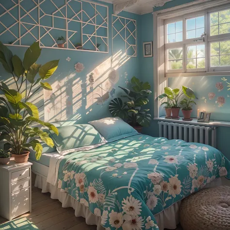 Bedroom,Beds, Blue lattice bedspread, a plant, window, rays of sunshine, k hd, the detail.