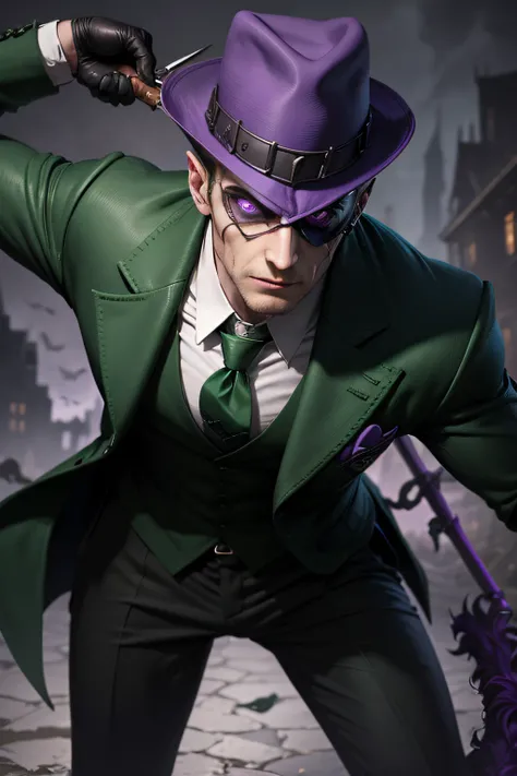 character Edward Nigma, with a dark appearance, in a frontal position, with open arms, green clothes, purple tie, green round hat, purple eye mask, holding a cane, style like the game Arkham Underworld, realistic, sober