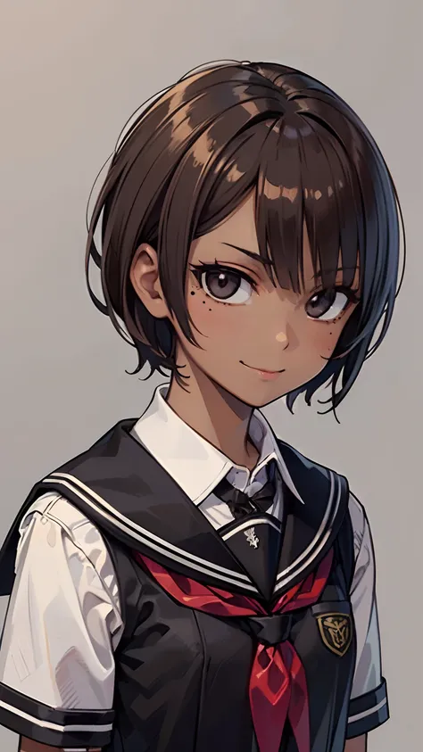 1 girl, (dark brown skin:1.4), very short hair, black eyes colour, mole down the right eye, School girl outfit, Evil smirk, dominant aura, (high quality, masterpiece, extremely detailed:1.2), (small chest:1.2), (Realistic, photorealistic:1.2)